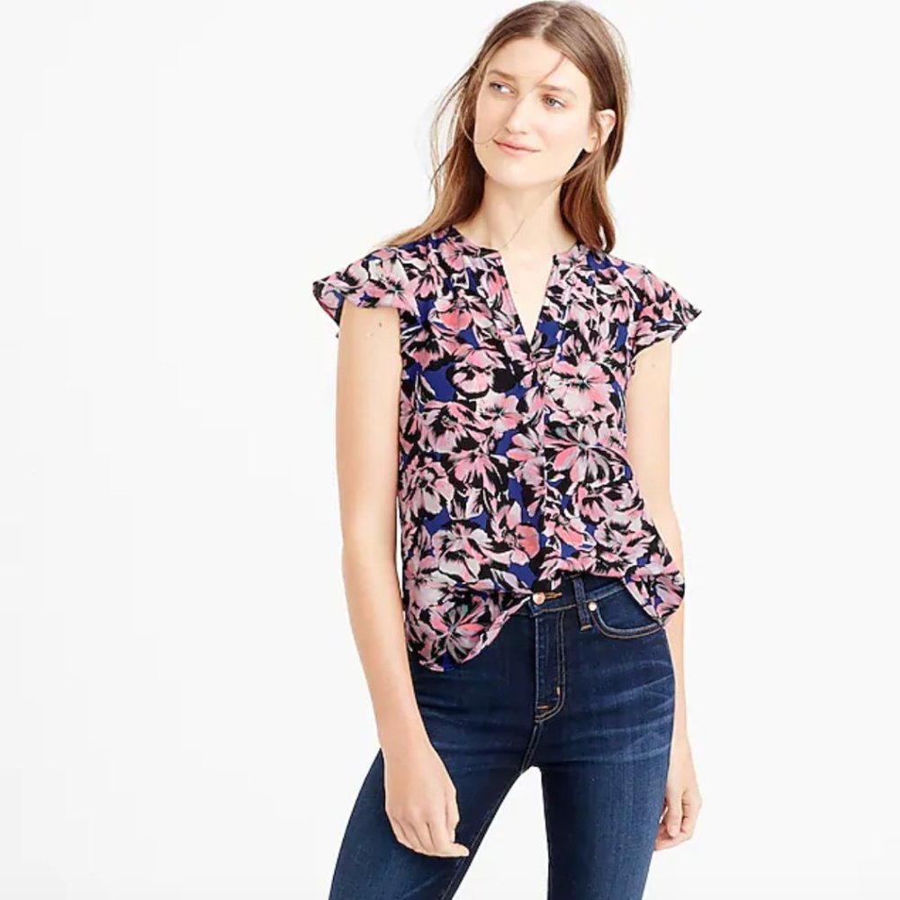 J. CREW silk flutter sleeve hibiscus print top xs